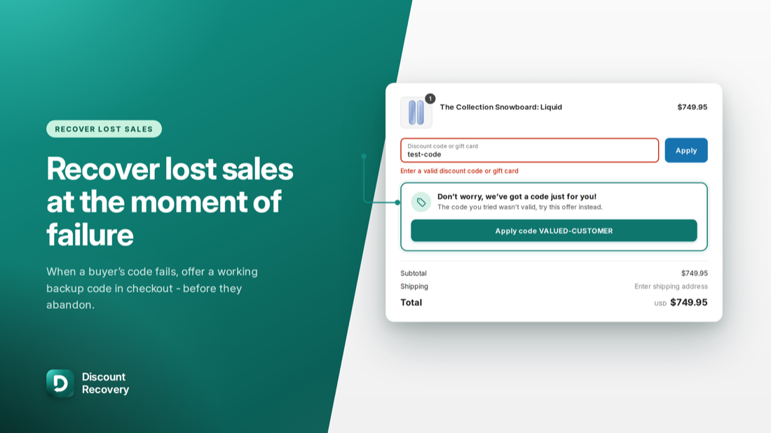 A recovery offer presented in Shopify Plus checkout after a discount code fails